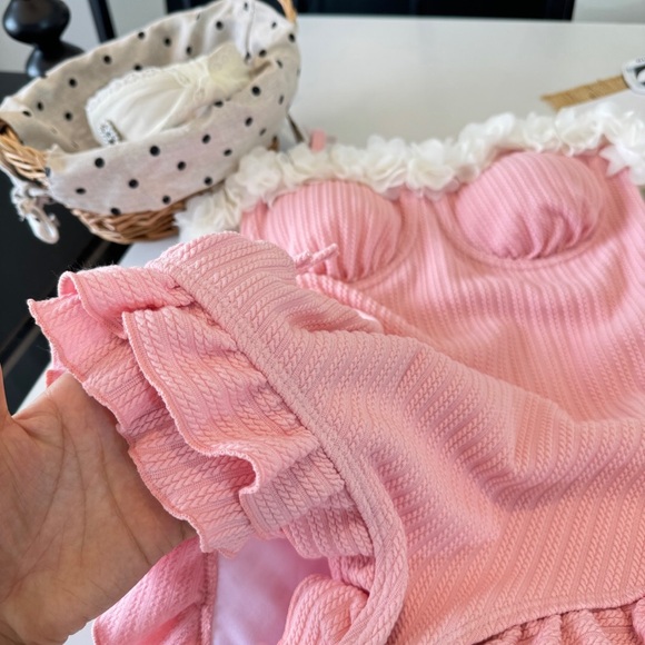 Miu Miu Pink Ruffle One-Piece Swimsuit with Floral Trim - Picture 2 of 10